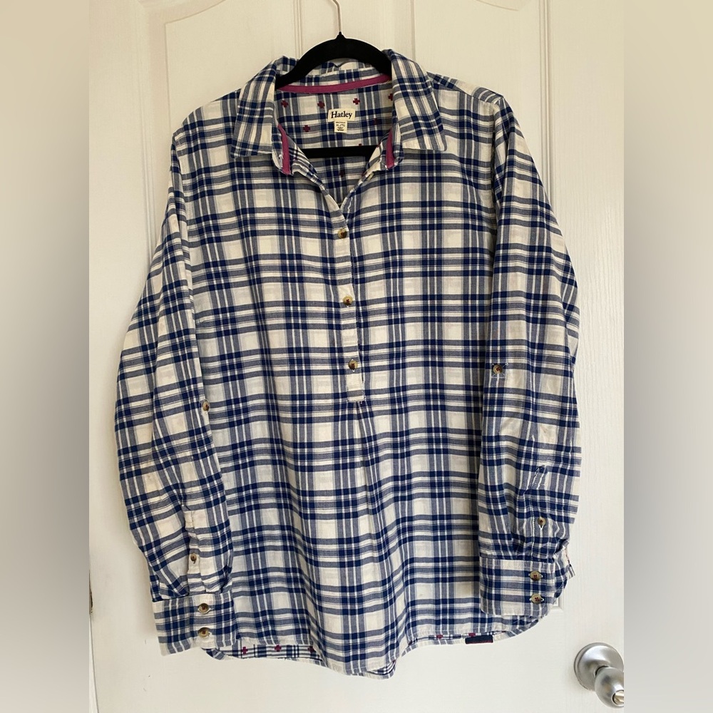 Hatley Women's XL Popover Plaid Flanne 1/2 Button Down Tunic Shirt Preppy Casual